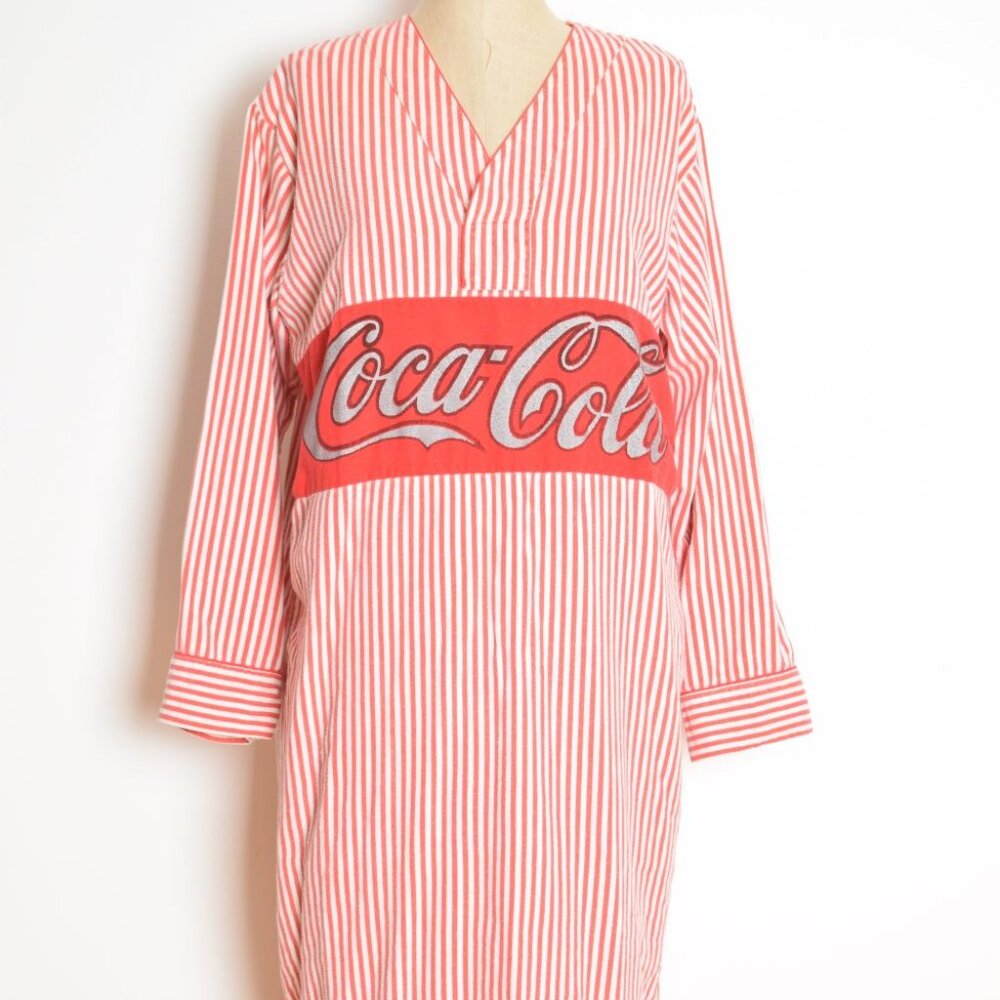 vintage 80s nightgown dress red striped flannel COCA COLA print long maxi - Picture 2 of 9